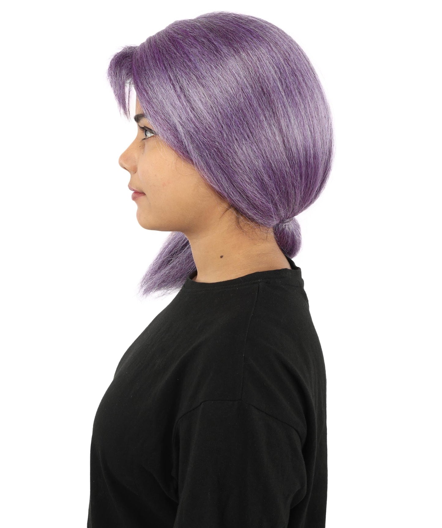 Women's Swept Back Ponytail Wig | Purple synthetic fibers with smooth pulled back styling and capless construction | Essential for theatrical stage drag performance costume events and party