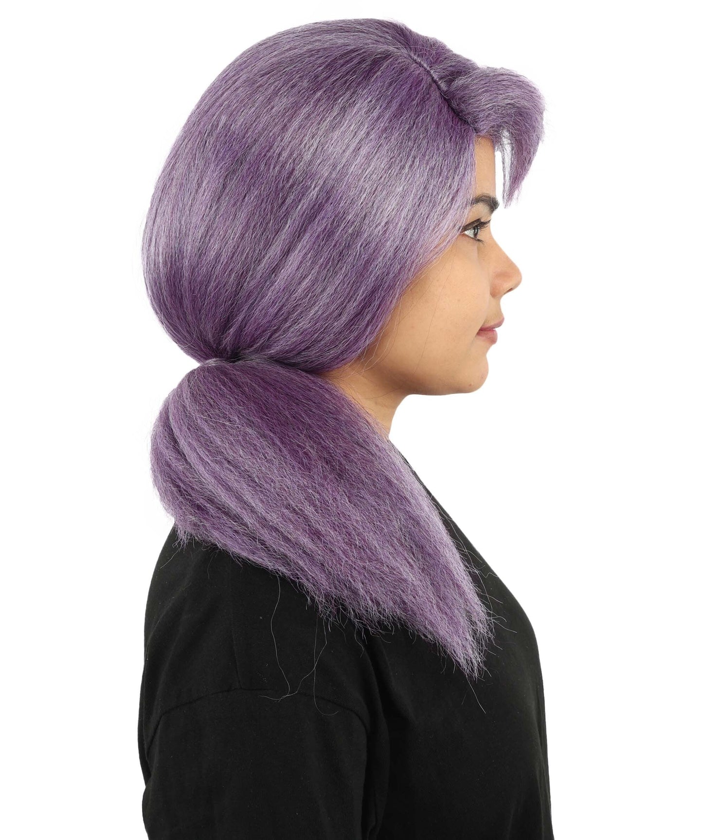 Women's Swept Back Ponytail Wig | Purple synthetic fibers with smooth pulled back styling and capless construction | Essential for theatrical stage drag performance costume events and party
