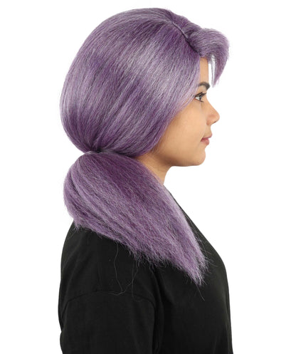 Women's Swept Back Ponytail Wig | Purple synthetic fibers with smooth pulled back styling and capless construction | Essential for theatrical stage drag performance costume events and party