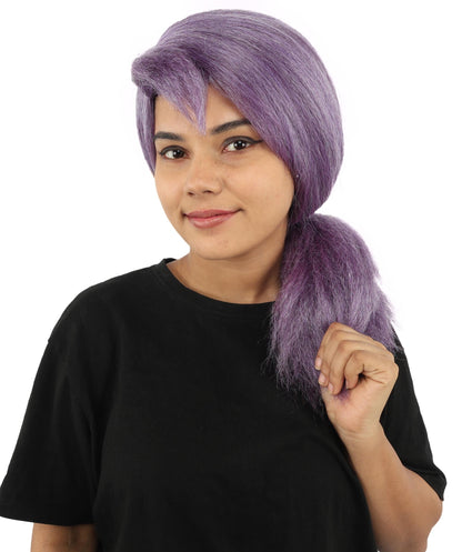 Women's Swept Back Ponytail Wig | Purple synthetic fibers with smooth pulled back styling and capless construction | Essential for theatrical stage drag performance costume events and party