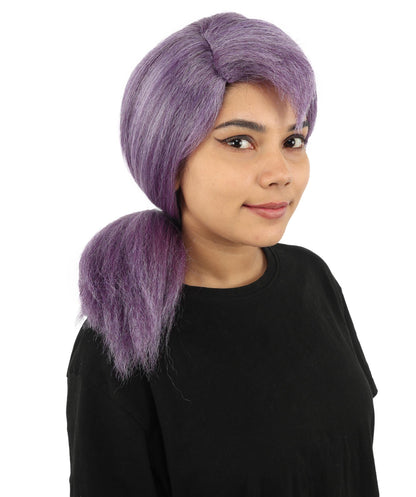 Women's Swept Back Ponytail Wig | Purple synthetic fibers with smooth pulled back styling and capless construction | Essential for theatrical stage drag performance costume events and party