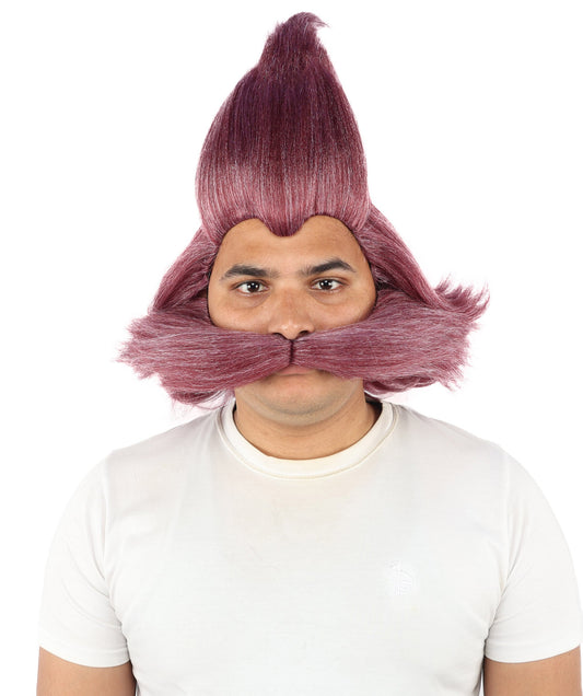 Men's Whimsical Pointed Wig and Mustache Set | Tall sweeping synthetic top with dense curled mustache and capless construction | Essential for theatrical stage drag performance costume events and party