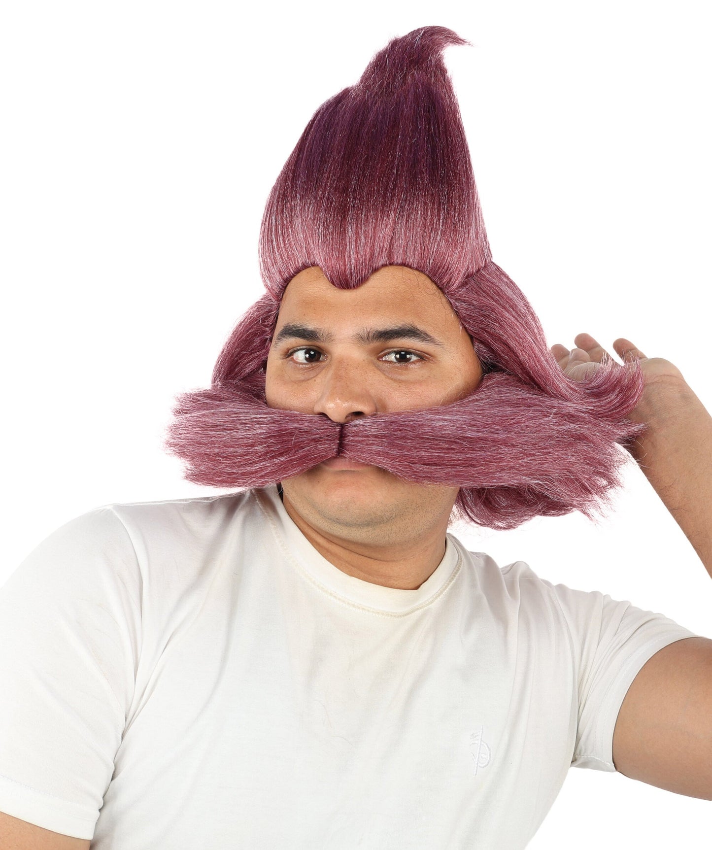 Men's Whimsical Pointed Wig and Mustache Set | Tall sweeping synthetic top with dense curled mustache and capless construction | Essential for theatrical stage drag performance costume events and party