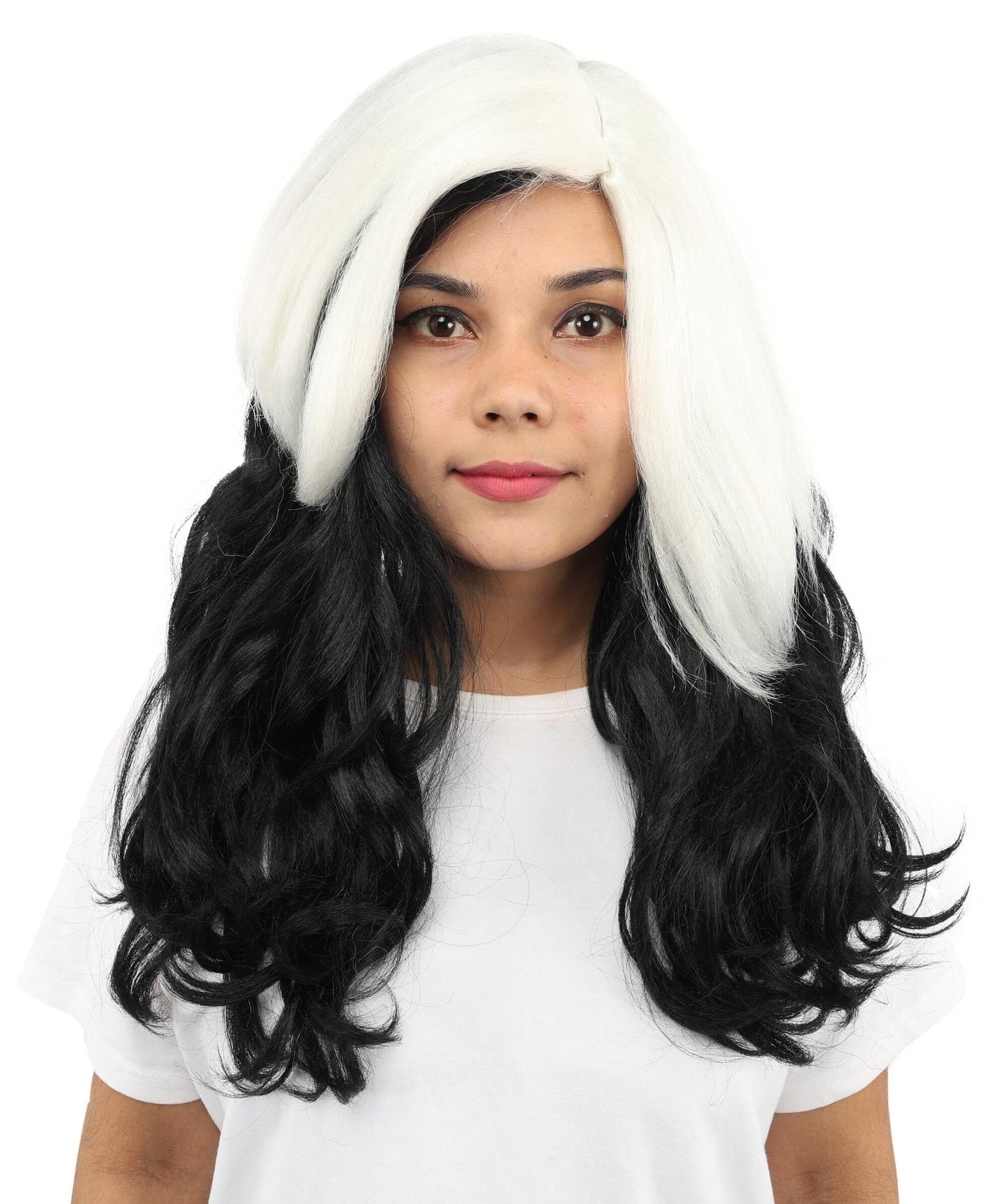 Adult Women’s Rapper-Inspired Black & White Two-Tone Wig | Long Curly Hairpiece with Breathable Capless Design | Ideal for Cosplay, Parties & Halloween