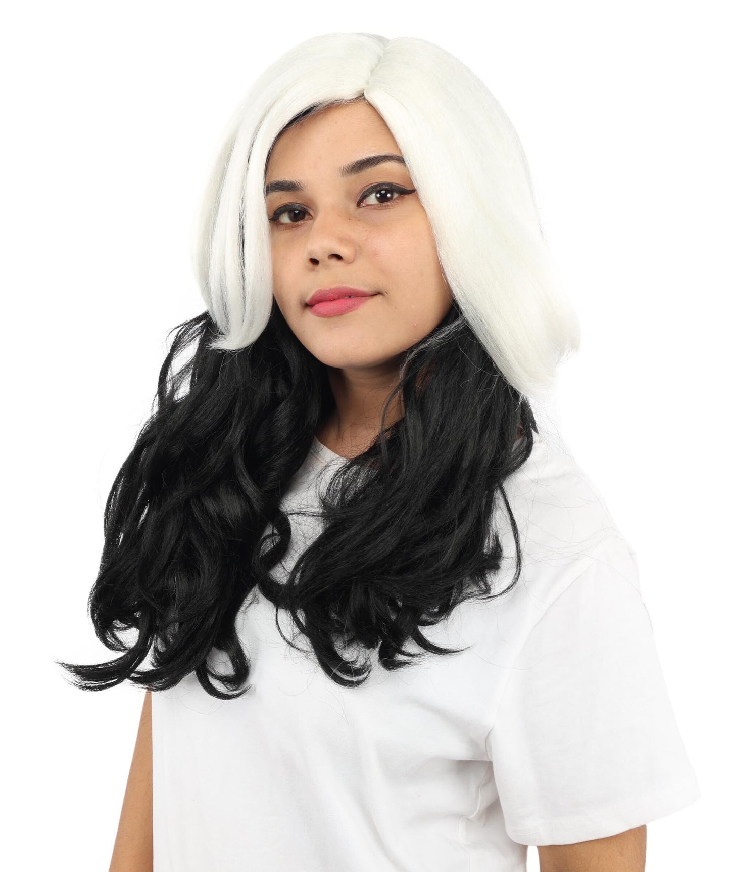 Adult Women’s Rapper-Inspired Black & White Two-Tone Wig | Long Curly Hairpiece with Breathable Capless Design | Ideal for Cosplay, Parties & Halloween