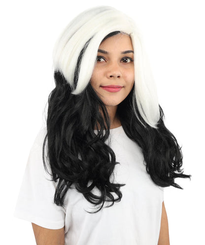 Adult Women’s Rapper-Inspired Black & White Two-Tone Wig | Long Curly Hairpiece with Breathable Capless Design | Ideal for Cosplay, Parties & Halloween