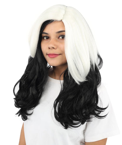 Adult Women’s Rapper-Inspired Black & White Two-Tone Wig | Long Curly Hairpiece with Breathable Capless Design | Ideal for Cosplay, Parties & Halloween