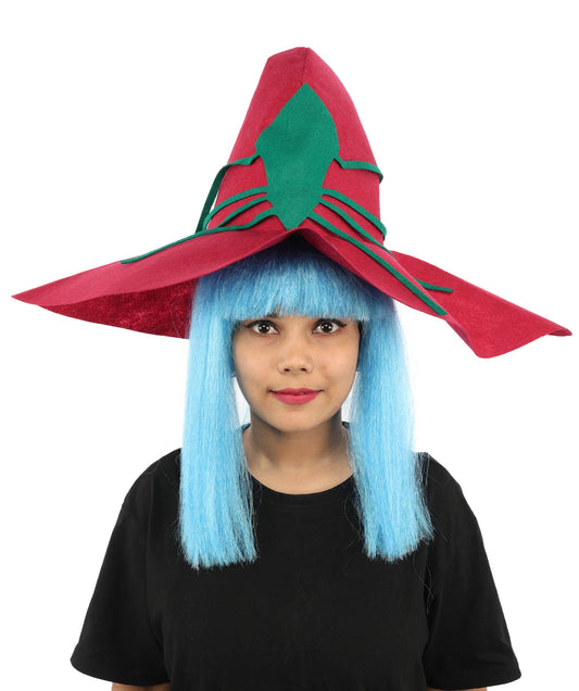 Adult Women’s Blue Witch Wig With Red Hat | Long Fantasy Hat Accessory | Ideal for Halloween & Cosplay