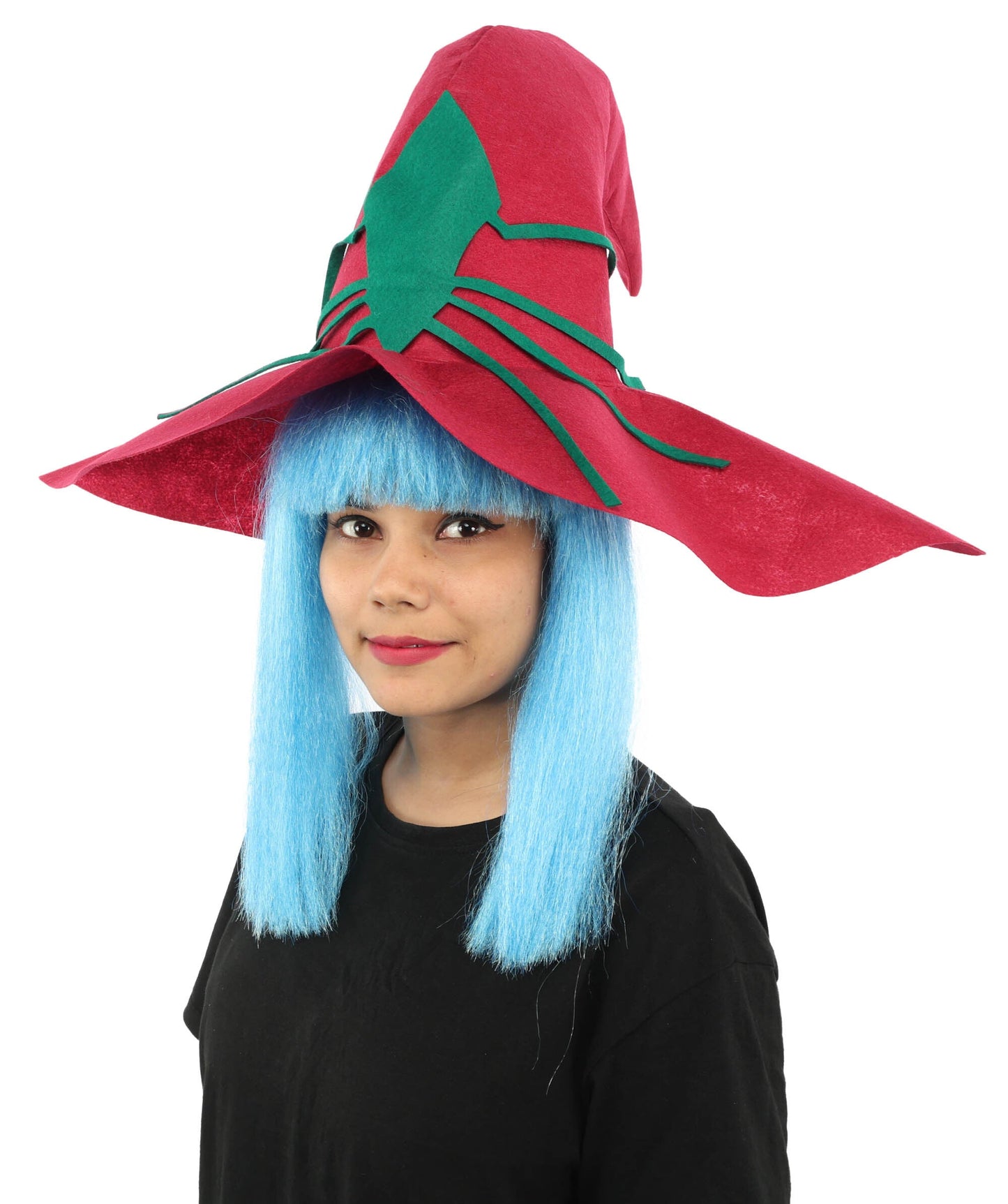 Adult Women’s Blue Witch Wig With Red Hat | Long Fantasy Hat Accessory | Ideal for Halloween & Cosplay