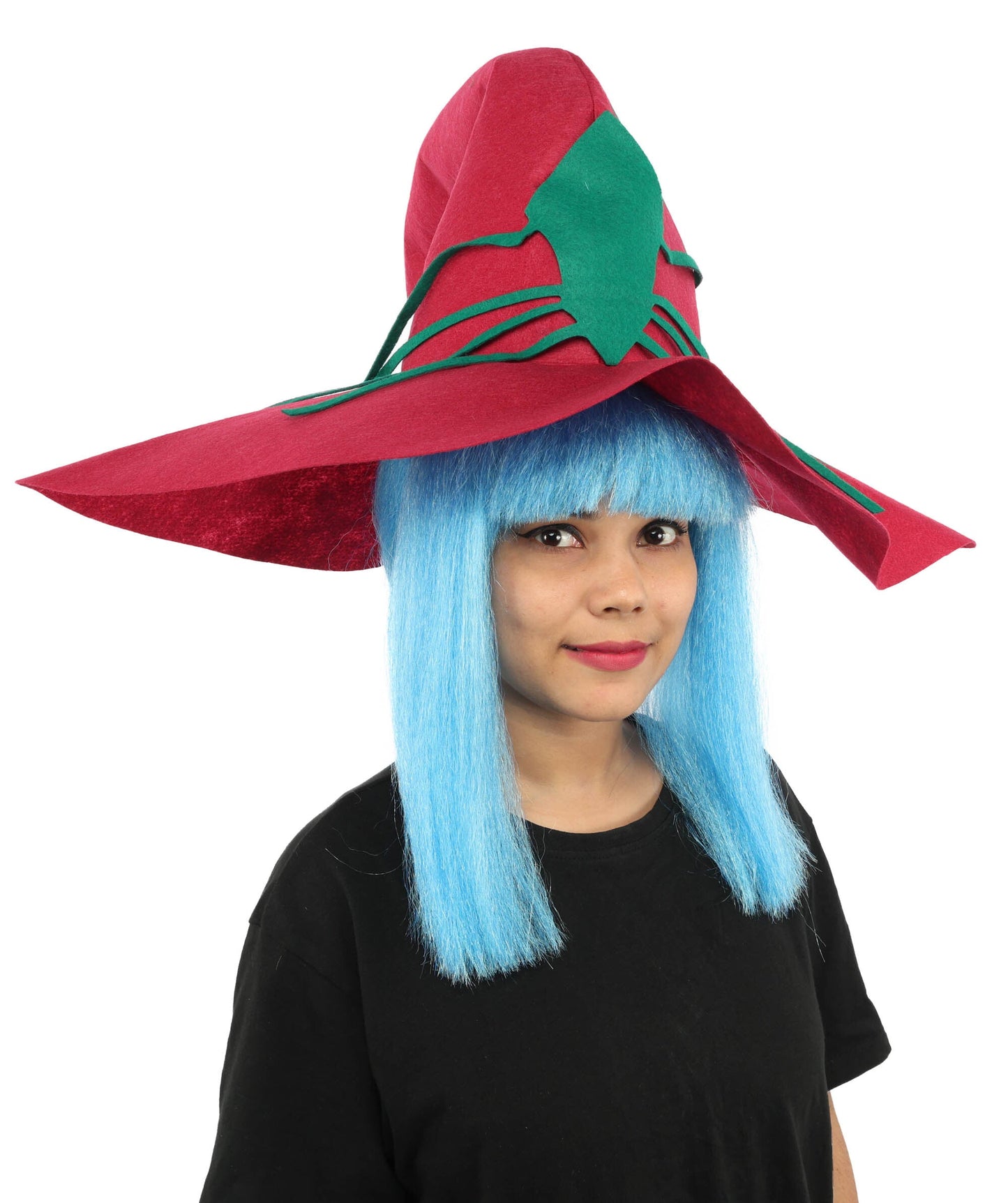 Adult Women’s Blue Witch Wig With Red Hat | Long Fantasy Hat Accessory | Ideal for Halloween & Cosplay