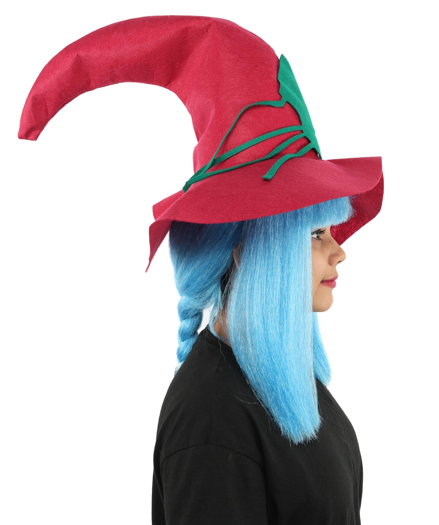 Adult Women’s Blue Witch Wig With Red Hat | Long Fantasy Hat Accessory | Ideal for Halloween & Cosplay