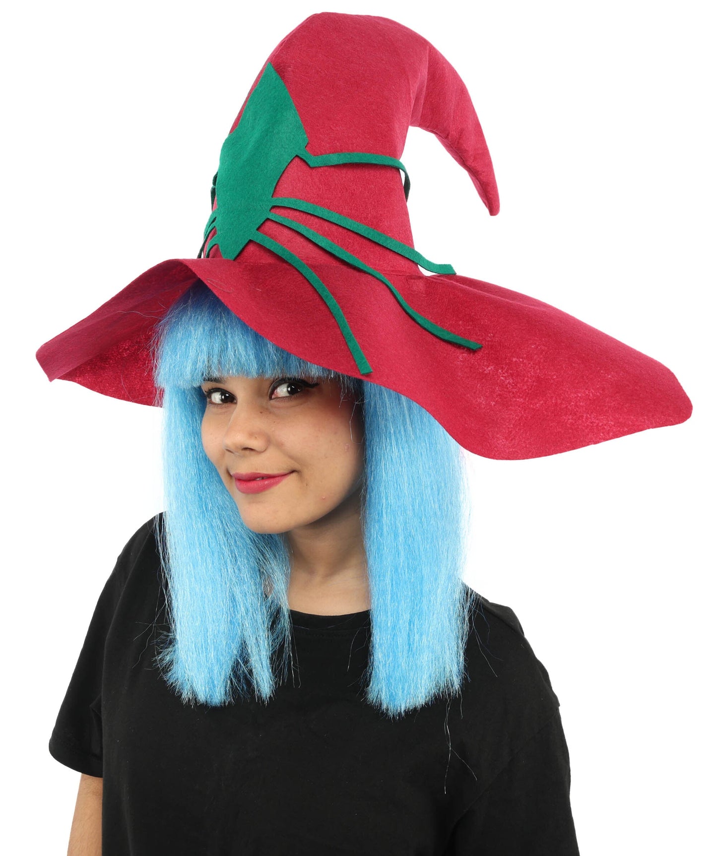 Adult Women’s Blue Witch Wig With Red Hat | Long Fantasy Hat Accessory | Ideal for Halloween & Cosplay