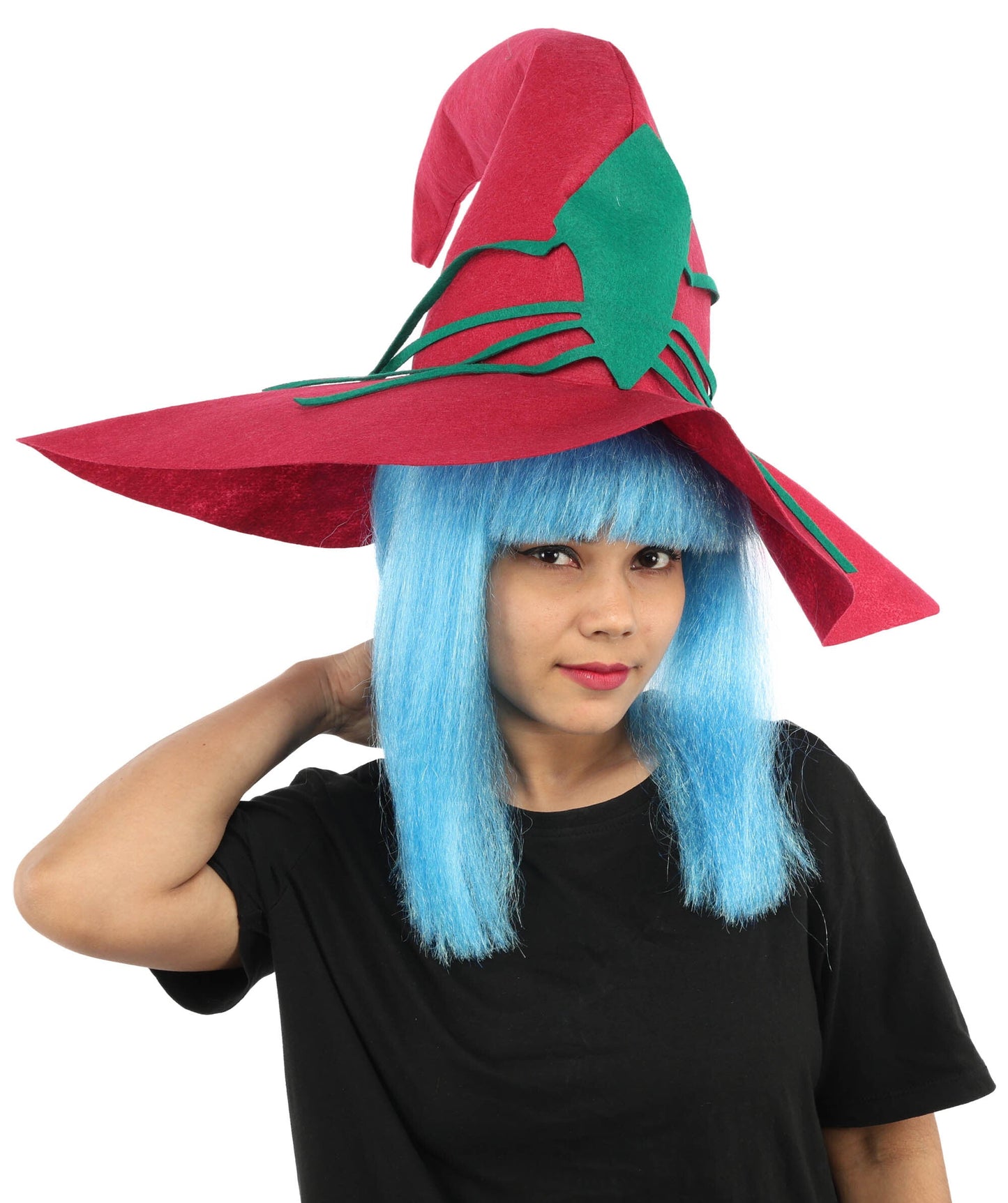 Adult Women’s Blue Witch Wig With Red Hat | Long Fantasy Hat Accessory | Ideal for Halloween & Cosplay