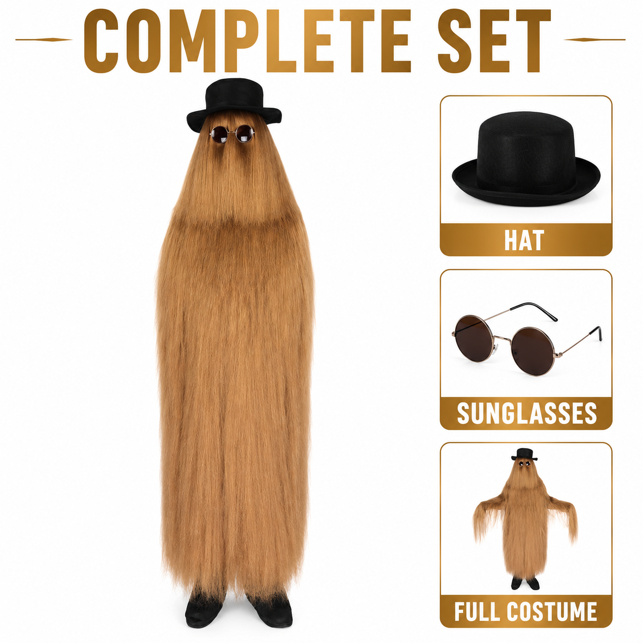 HPO Cousin Dapper Creature Brown Hair Teen 60" & Adult 71" Costume Bundle Set