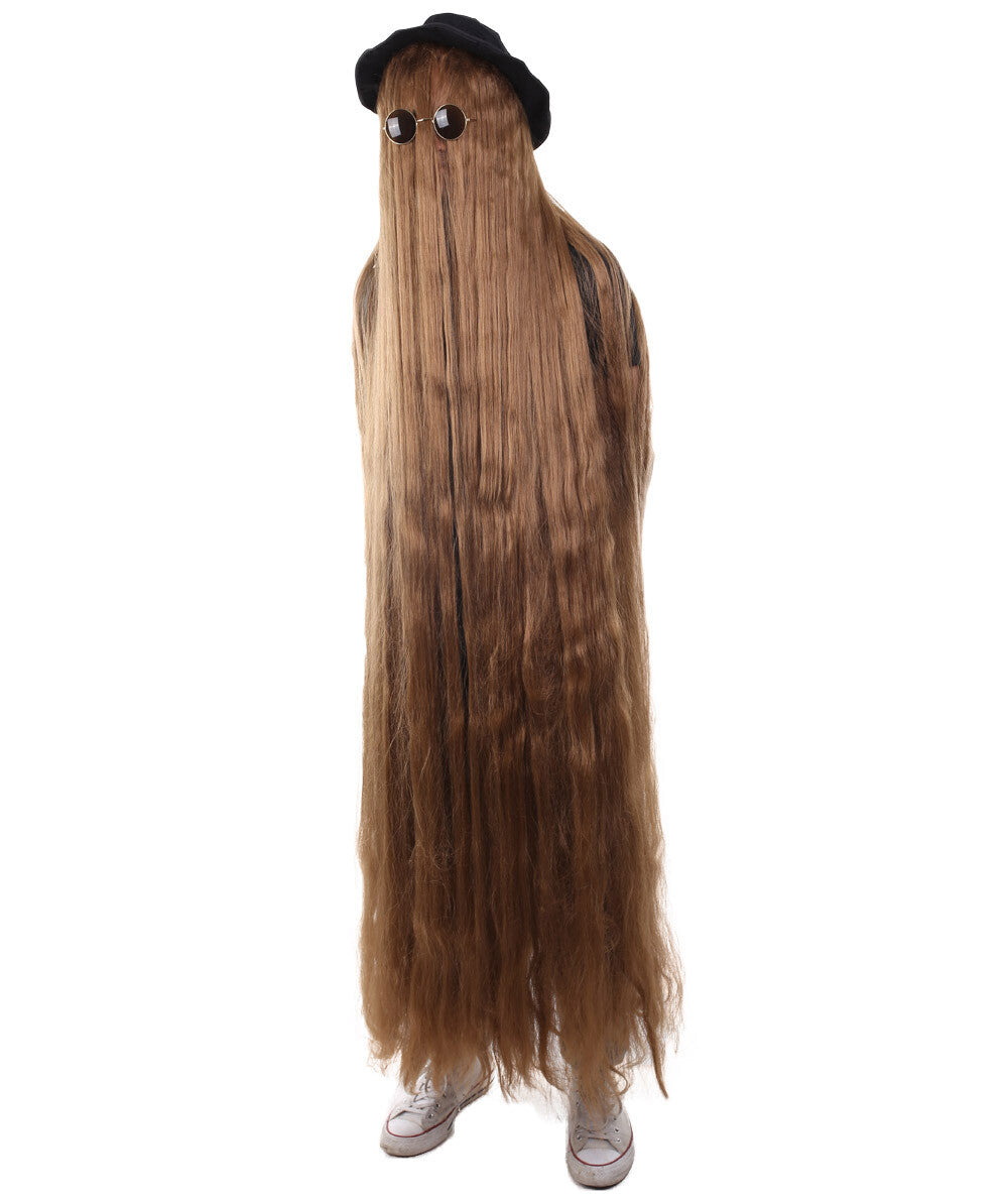 HPO Dapper Creature Brown Hair Wig for 60" Teen & 66" Adult Bundle Costume - Full Length Hairpiece Costume Set With Hat and Round Sunglasses Featuring Dramatic Styling For Outfits & Themed Gatherings