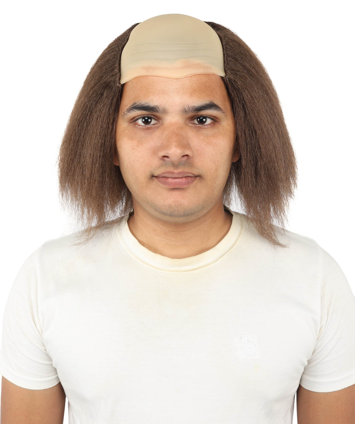 HPO Half Bald Cap Brown Wig with Gray Frizzy Side Hair – Comedic Old Age Costume Wigs - Hairpiece for Cosplay Party