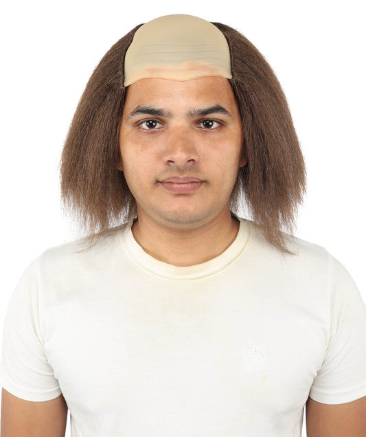 HPO Half Bald Cap Brown Wig with Gray Frizzy Side Hair – Comedic Old Age Costume Wigs - Hairpiece for Cosplay Party