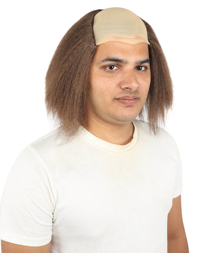 HPO Half Bald Cap Brown Wig with Gray Frizzy Side Hair – Comedic Old Age Costume Wigs - Hairpiece for Cosplay Party