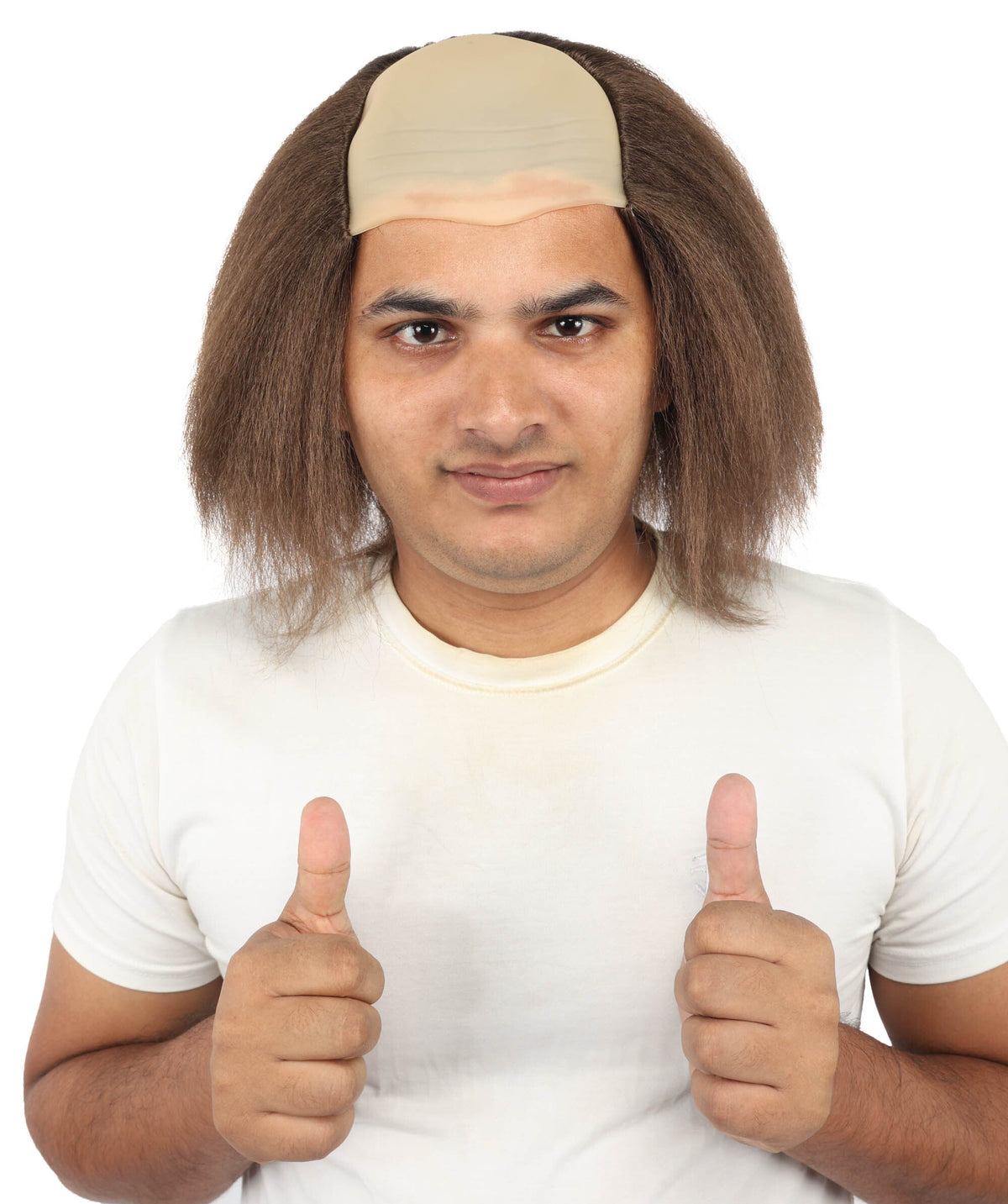 HPO Half Bald Cap Brown Wig with Gray Frizzy Side Hair – Comedic Old Age Costume Wigs - Hairpiece for Cosplay Party