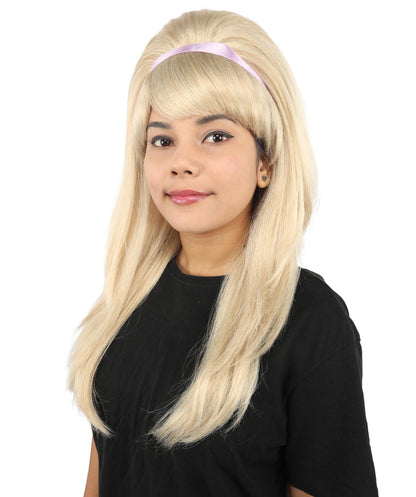 Adult & Teen Women's 60s Retro Mod Wig | 23 Inch Long Straight Blonde Costume Hairpiece with Headband | Synthetic Fiber Wig for Halloween Cosplay