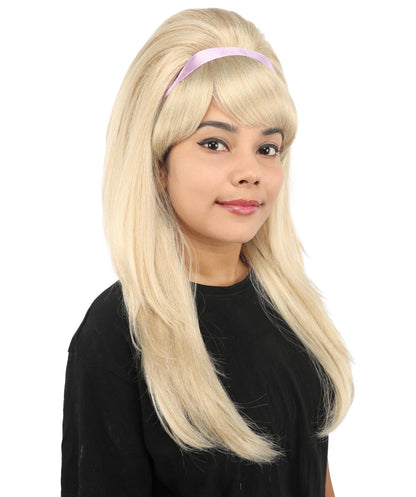Adult & Teen Women's 60s Retro Mod Wig | 23 Inch Long Straight Blonde Costume Hairpiece with Headband | Synthetic Fiber Wig for Halloween Cosplay