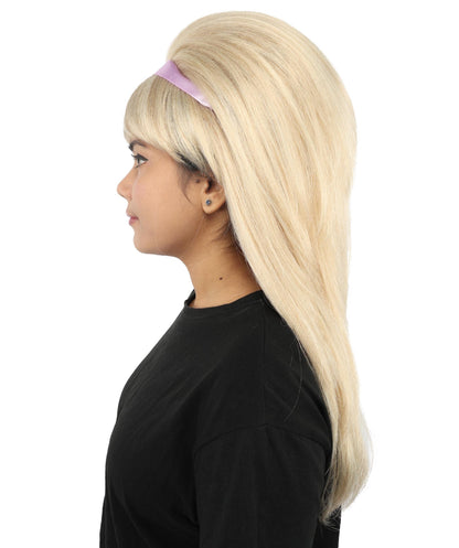 Adult & Teen Women's 60s Retro Mod Wig | 23 Inch Long Straight Blonde Costume Hairpiece with Headband | Synthetic Fiber Wig for Halloween Cosplay