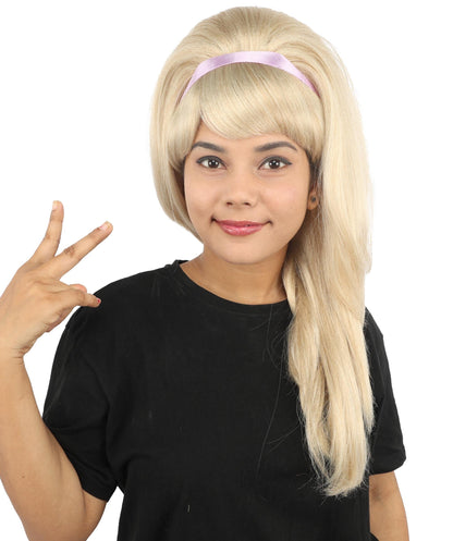 Adult & Teen Women's 60s Retro Mod Wig | 23 Inch Long Straight Blonde Costume Hairpiece with Headband | Synthetic Fiber Wig for Halloween Cosplay