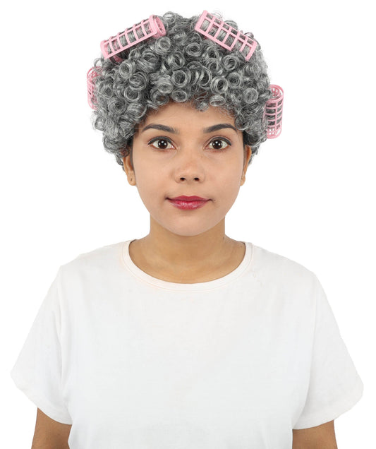 Grey Curly Old Lady Wig Set for Adults & Teen | Vintage Granny Style with Hair Roller Accessories | Costume Hairpiece for Halloween, Cosplay, Roleplay