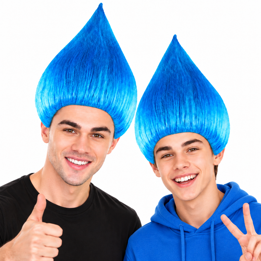 HPO Teen & Adult Troll Blue Wig Bundle Synthetic Fiber Capless Cap Style - Unisex 80s Vibrant Straight Tall Hair Shapes with Classic Styling Creating a Playful Appearance for Costume Parties & Cosplay | HPO