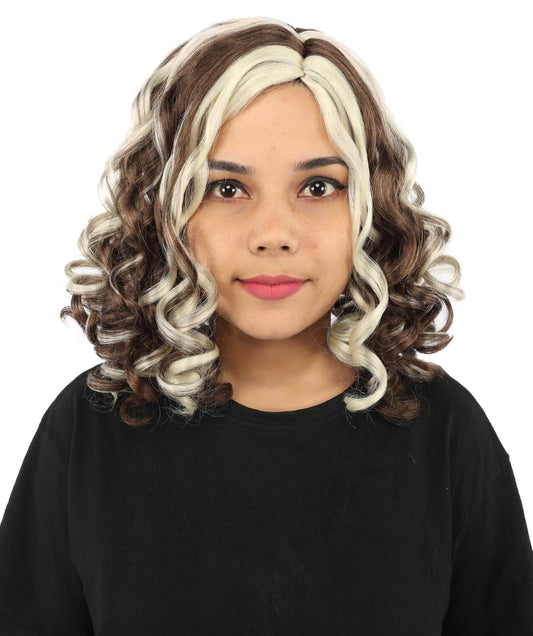 HPO Medium Curly Vintage Brown Wig with Blonde Highlights for Teen & Adult - Retro Curl Hairstyle With Textured Volume and Classic Character Ideal For Cosplay Looks Photography & Themed Styling