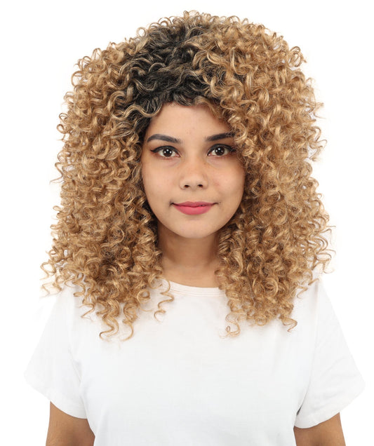 HPO Long Tight Curly Brown Wig Synthetic Costume Hair for Teen & Adult - Defined Curl Hairstyle with Natural Looking Shape Ideal for Halloween Cosplay Events Costume Parties