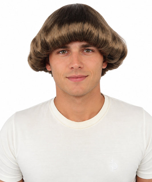 HPO 70's Retro Brown Bowl Cut Wig Layered Bangs Hairpiece for Teen & Adult - Rounded Vintage Hairstyle with Smooth Brown Layers and Curved Fringe Creating a Classic Era Inspired Look for Parties