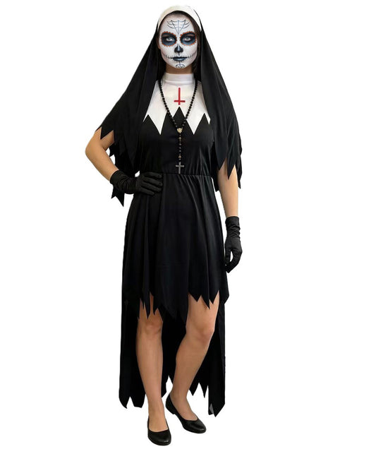 HPO Women's Nun Costume Gothic Black Long Dress Horror Full Length Outfit - Full Length Black Dress with Flowing Layers and Contrasting White Neck Detail Gothic Nun Appearance For Halloween & Cosplay