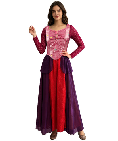 HPO Women's Medieval Fantasy Gown Costume Long Sleeve Royal Dress Outfit - Elegant Bodice Flowing Layered Skirt & Royal Character Styling for Women Halloween Cosplay Parties & Fantasy Events