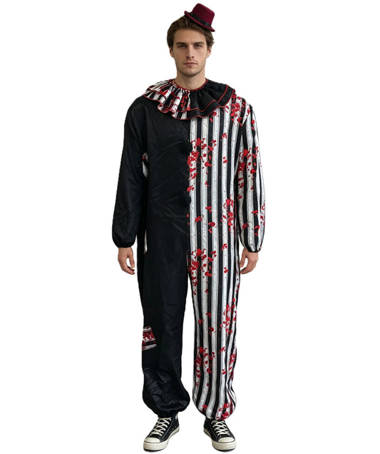 HPO Men's Scary Killer Clown Jumpsuit Black & White Costume & Mini Top Hat - Full Body Outfit Contrasting Patterns Layered Collar Detail Striking Circus Inspired Costume for Halloween & Cosplay Events