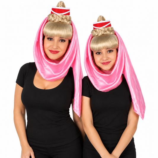 HPO Teen & Adult American Sitcom Genie Wig Bundle & Straight Bangs Hair-60s Braided Bun Updo Styling Synthetic Fiber Wigs with Braided Wrap Detail and Smooth Fringe for Halloween Cosplay Parties