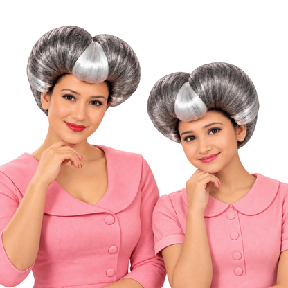 HPO Pompadour Style Bouffant Wig with Front Bangs Teen & Adult Bundle Set- Two Tone Heart Shape Flame-Retardant Volume Contrasting Front Section and Classic Updo Synthetic Wigs for Cosplay Events