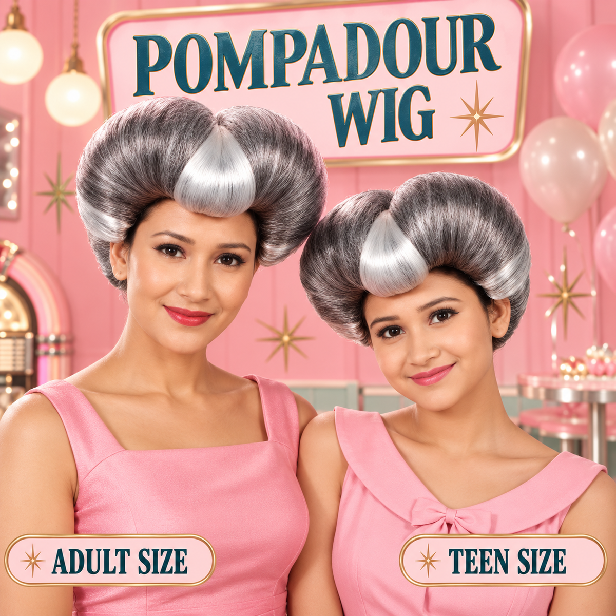 HPO Pompadour Style Bouffant Wig with Front Bangs Teen & Adult Bundle Set- Two Tone Heart Shape Flame-Retardant Volume Contrasting Front Section and Classic Updo Synthetic Wigs for Cosplay Events
