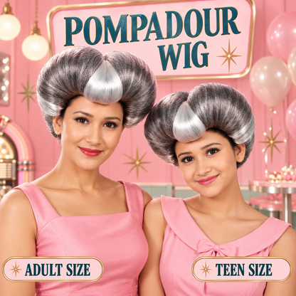 HPO Pompadour Style Bouffant Wig with Front Bangs Teen & Adult Bundle Set- Two Tone Heart Shape Flame-Retardant Volume Contrasting Front Section and Classic Updo Synthetic Wigs for Cosplay Events
