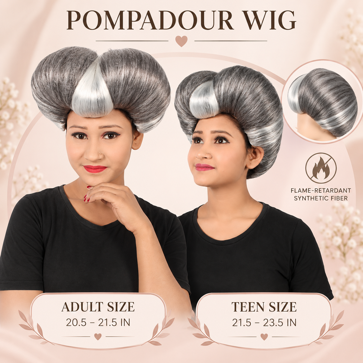 HPO Pompadour Style Bouffant Wig with Front Bangs Teen & Adult Bundle Set- Two Tone Heart Shape Flame-Retardant Volume Contrasting Front Section and Classic Updo Synthetic Wigs for Cosplay Events