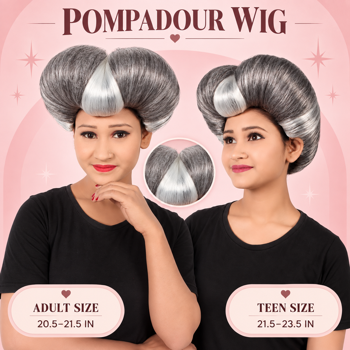 HPO Pompadour Style Bouffant Wig with Front Bangs Teen & Adult Bundle Set- Two Tone Heart Shape Flame-Retardant Volume Contrasting Front Section and Classic Updo Synthetic Wigs for Cosplay Events