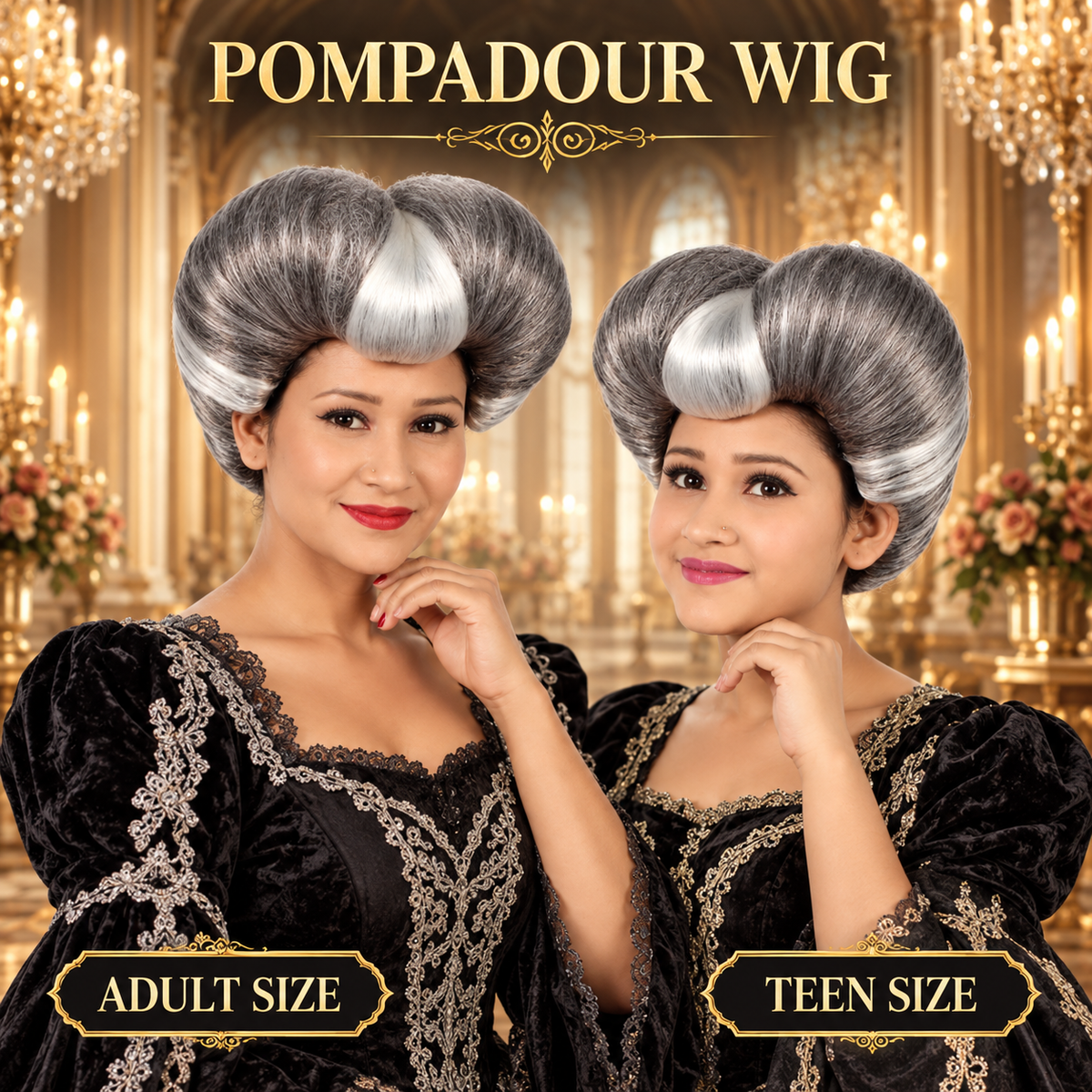 HPO Pompadour Style Bouffant Wig with Front Bangs Teen & Adult Bundle Set- Two Tone Heart Shape Flame-Retardant Volume Contrasting Front Section and Classic Updo Synthetic Wigs for Cosplay Events