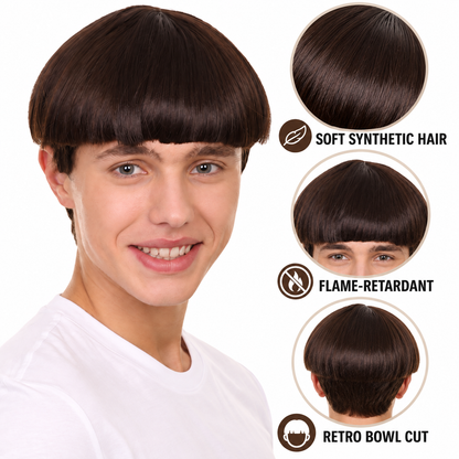 HPO Classic Bowl Cut Wig 9" Short Retro Straight Hair Teen & Adult Bundle - Smooth Rounded Shape Synthetic Wigs with Clean Fringe Flame-Retardant Hairpiece for halloween Events & Cosplay parties