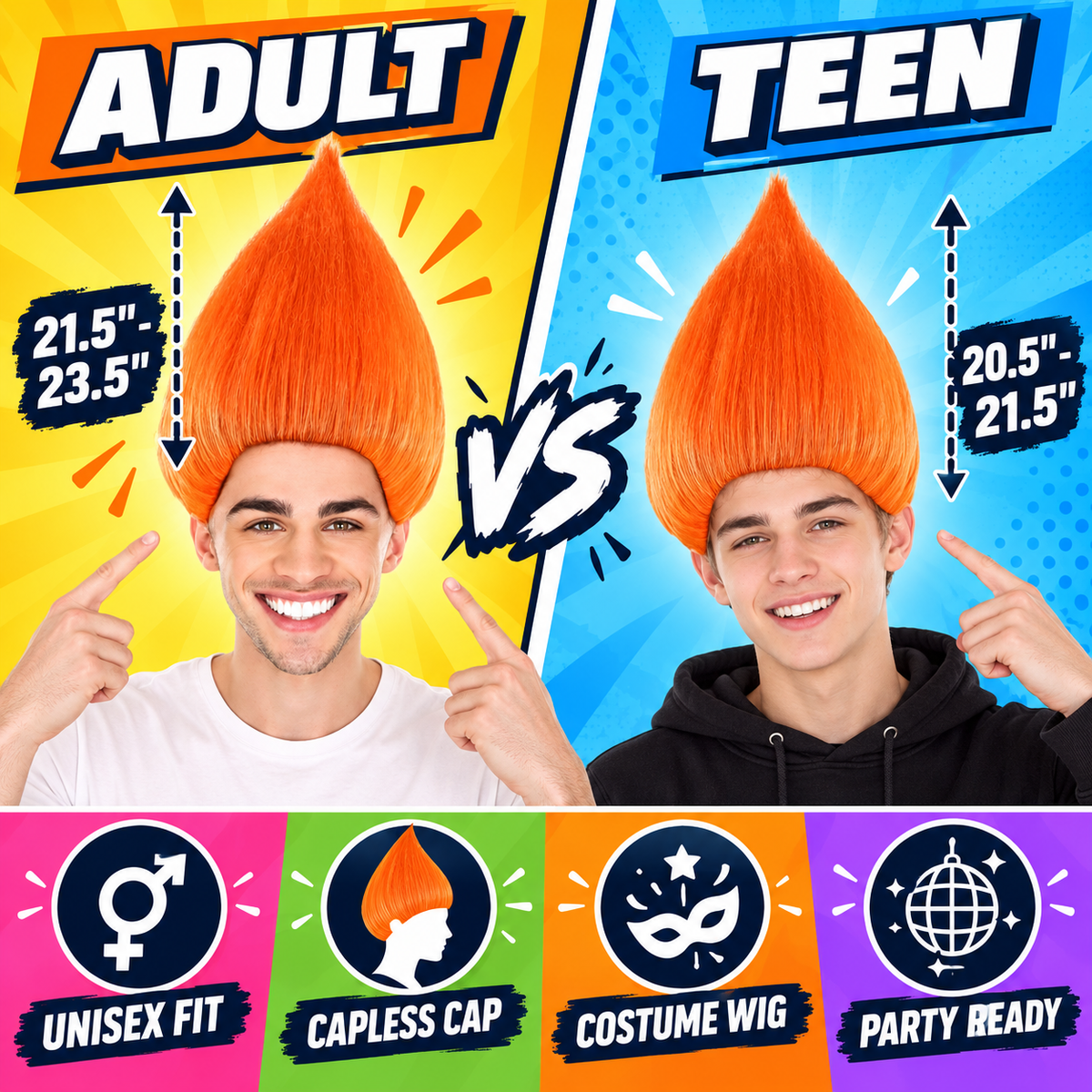 HPO Unisex Troll Orange Wig Straight Synthetic Hairpiece Teen & Adult Bundle Set- 80s Tall Upright Hair with Smooth Tapered Shape and Vibrant Styling Fun Fantasy Touch to Festivals Cosplay Parties & Events