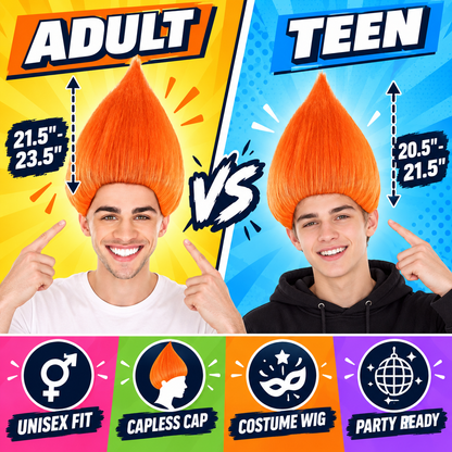 HPO Unisex Troll Orange Wig Straight Synthetic Hairpiece Teen & Adult Bundle Set- 80s Tall Upright Hair with Smooth Tapered Shape and Vibrant Styling Fun Fantasy Touch to Festivals Cosplay Parties & Events