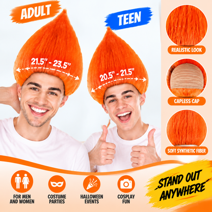 HPO Unisex Troll Orange Wig Straight Synthetic Hairpiece Teen & Adult Bundle Set- 80s Tall Upright Hair with Smooth Tapered Shape and Vibrant Styling Fun Fantasy Touch to Festivals Cosplay Parties & Events