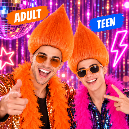 HPO Unisex Troll Orange Wig Straight Synthetic Hairpiece Teen & Adult Bundle Set- 80s Tall Upright Hair with Smooth Tapered Shape and Vibrant Styling Fun Fantasy Touch to Festivals Cosplay Parties & Events