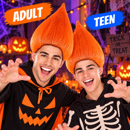 HPO Unisex Troll Orange Wig Straight Synthetic Hairpiece Teen & Adult Bundle Set- 80s Tall Upright Hair with Smooth Tapered Shape and Vibrant Styling Fun Fantasy Touch to Festivals Cosplay Parties & Events