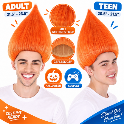 HPO Unisex Troll Orange Wig Straight Synthetic Hairpiece Teen & Adult Bundle Set- 80s Tall Upright Hair with Smooth Tapered Shape and Vibrant Styling Fun Fantasy Touch to Festivals Cosplay Parties & Events