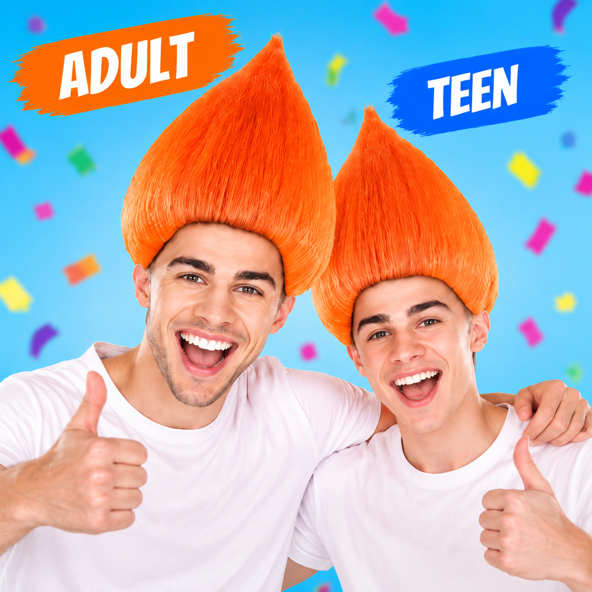 HPO Unisex Troll Orange Wig Straight Synthetic Hairpiece Teen & Adult Bundle Set- 80s Tall Upright Hair with Smooth Tapered Shape and Vibrant Styling Fun Fantasy Touch to Festivals Cosplay Parties & Events